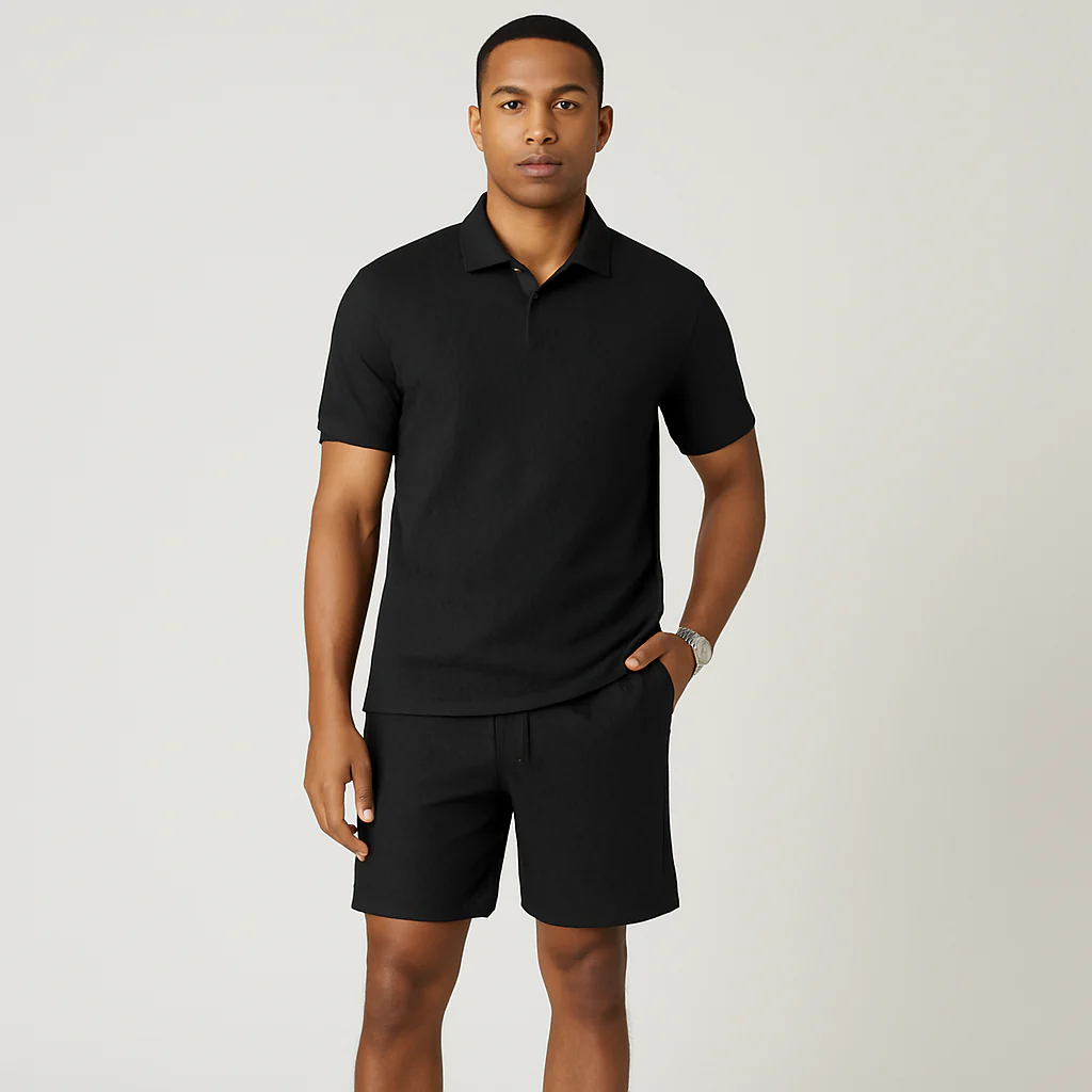 2-teiliges Jacquard-Strickset für Herren – Kurzarm-Oberteil mit Kragen und einfarbige Shorts - Image 2
