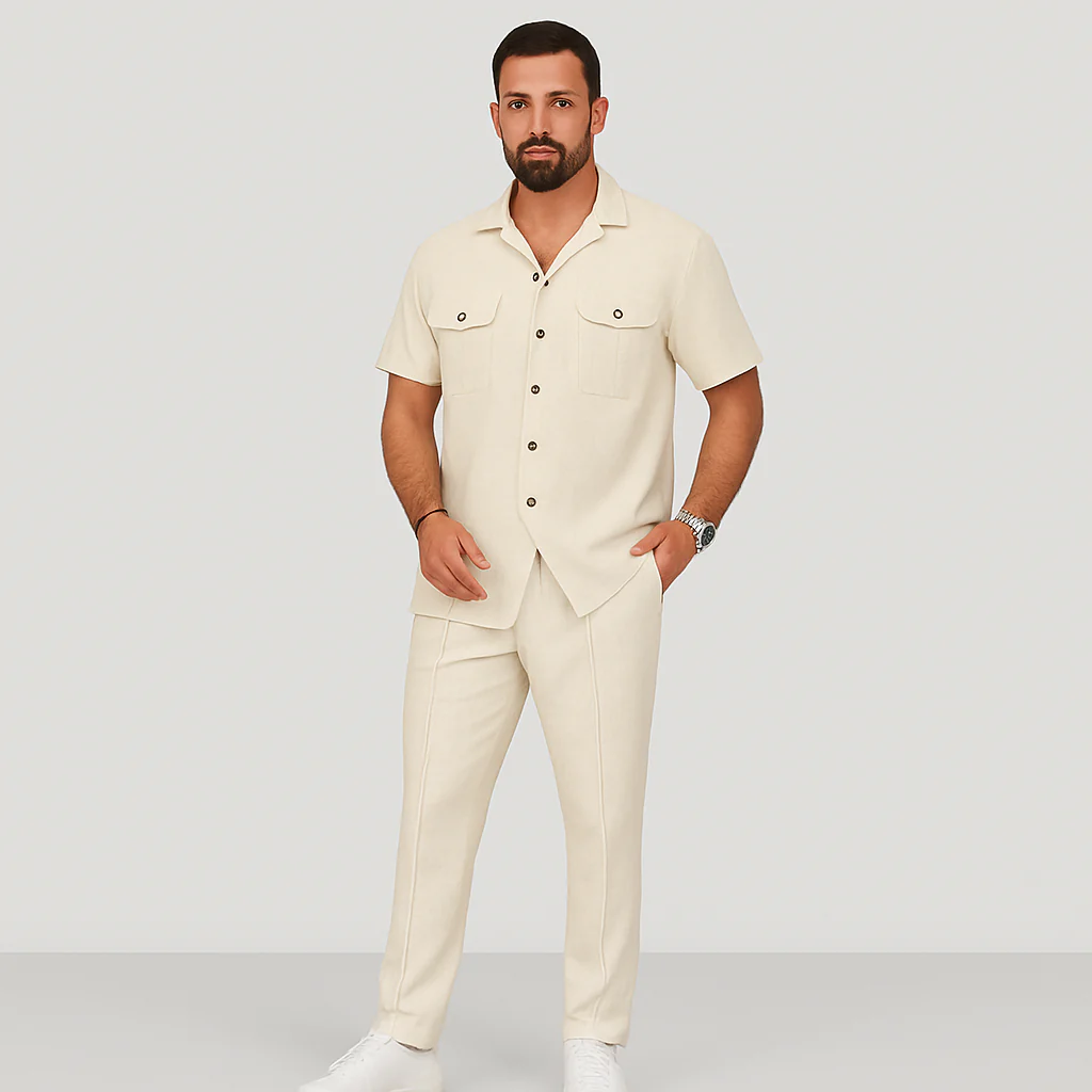 2-teiliges Sommer-Set für Herren – Lässiges Strandhemd mit Doppeltaschen und passende lange Hose - Image 2