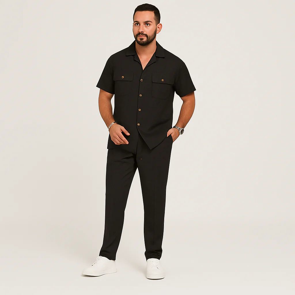 2-teiliges Sommer-Set für Herren – Lässiges Strandhemd mit Doppeltaschen und passende lange Hose - Image 3