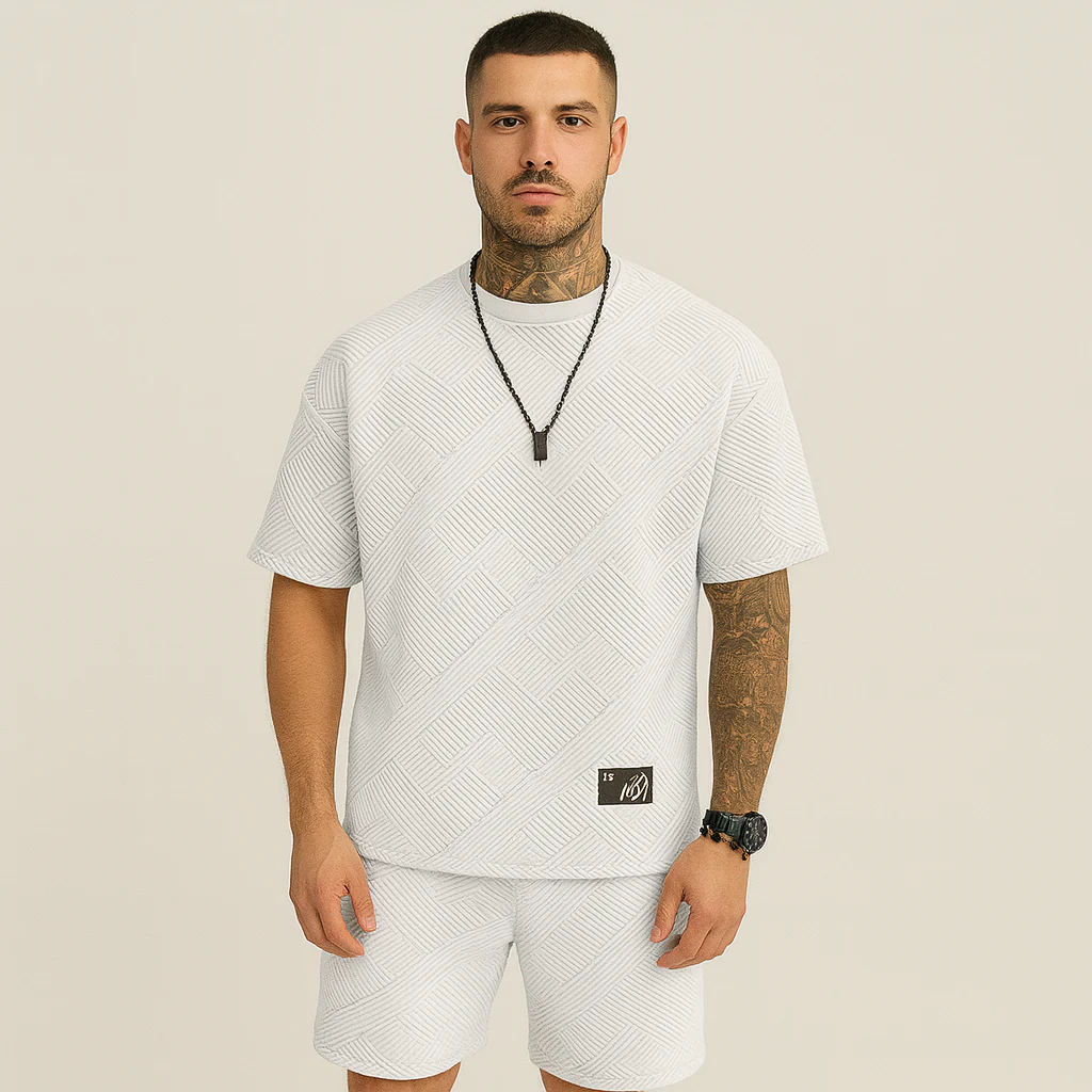 2-teiliges strukturiertes Herren-Set – Kurzarm-Oberteil mit Rundhalsausschnitt und passende Jacquard-Shorts - Image 2