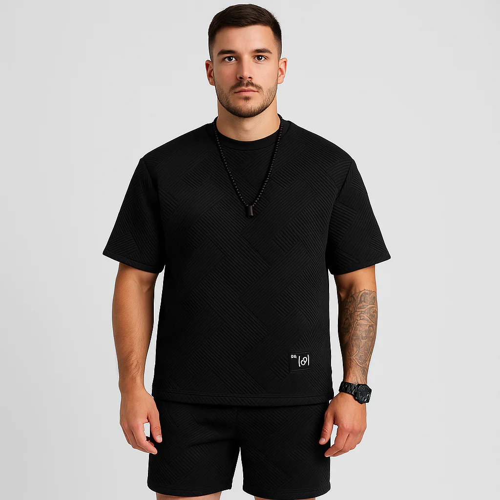 2-teiliges strukturiertes Herren-Set – Kurzarm-Oberteil mit Rundhalsausschnitt und passende Jacquard-Shorts - Image 3