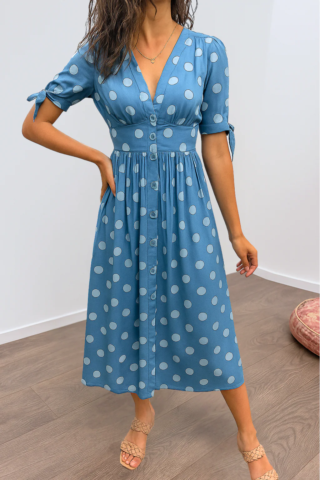 Aleksandra - Elegant Polka Dot Dress with V-neck - Image 7