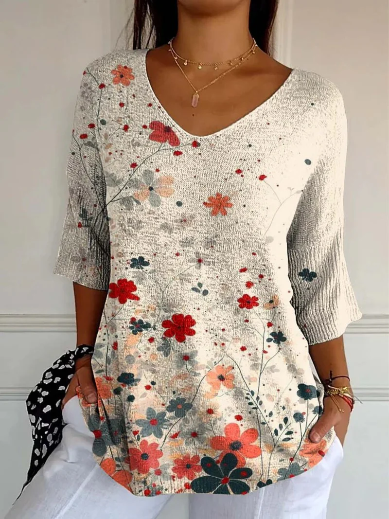 Amira-Marie® | Damen Vintage Blumenmuster Kunstdruck Lässiger Strickpullover