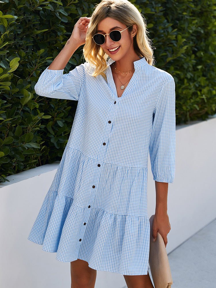 Athena - Elegantes und fließendes blau kariertes Kleid für Frauen - Image 2