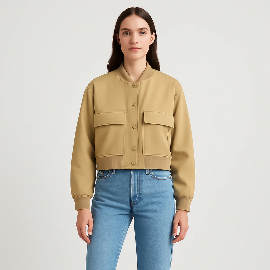 Beige weicher Fliegerjacke für Damen – Lässiger und bequemer Look