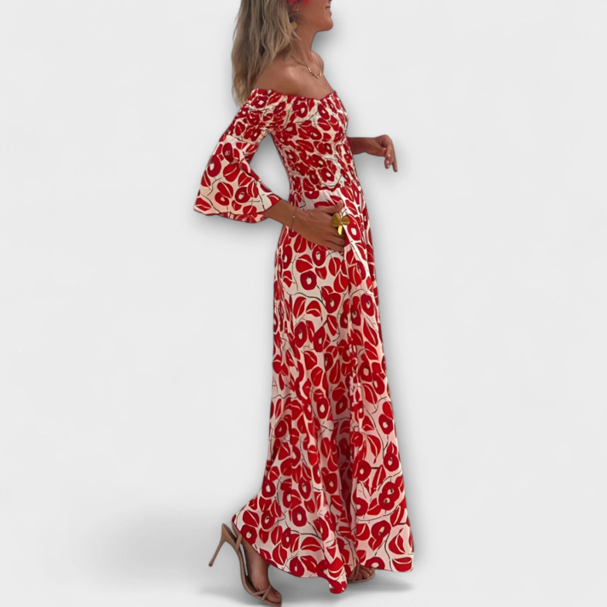 Bella - Off-Shoulder Kleid mit Blumenmuster in Ozeanfarben - Image 5
