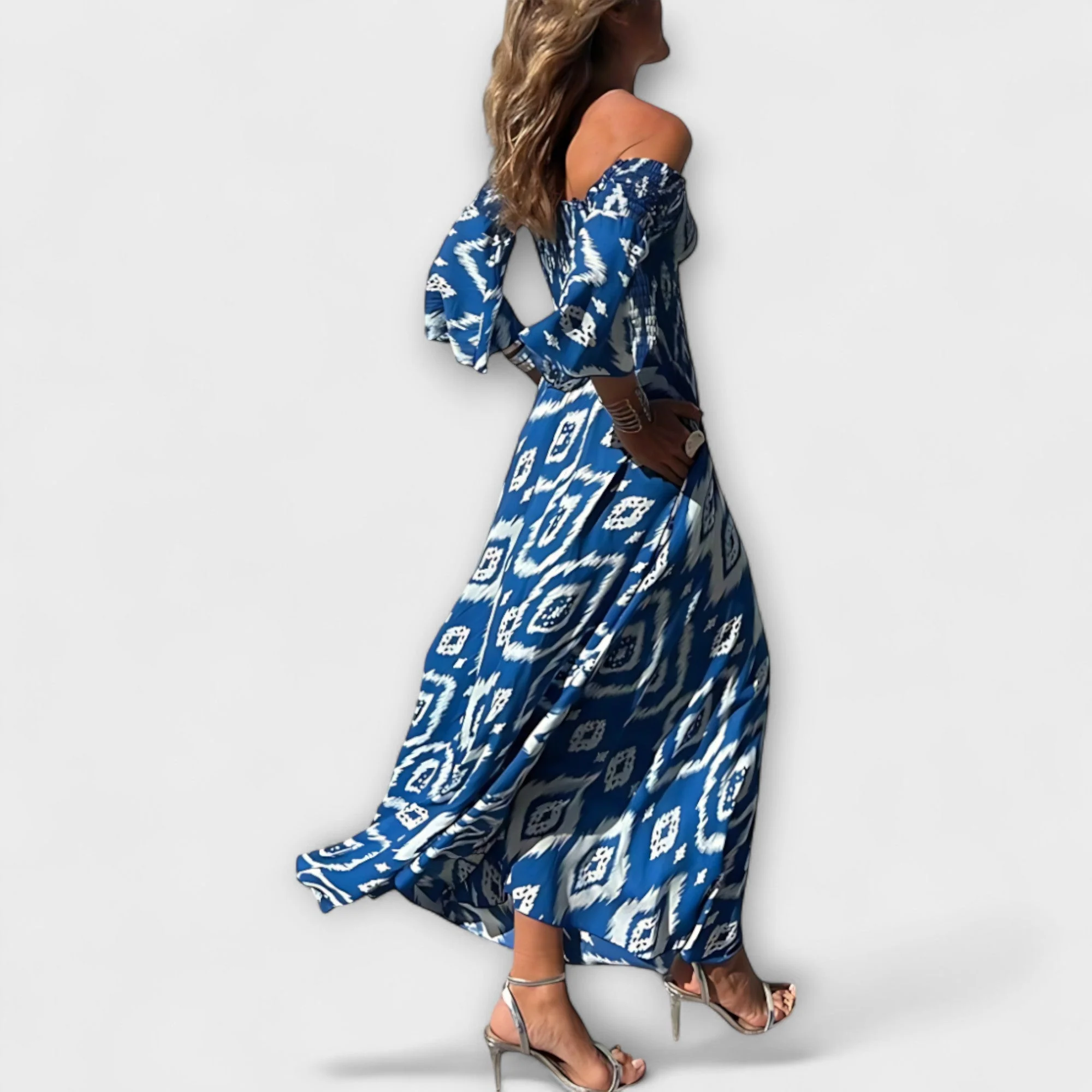 Bella - Off-Shoulder Kleid mit Blumenmuster in Ozeanfarben - Image 8