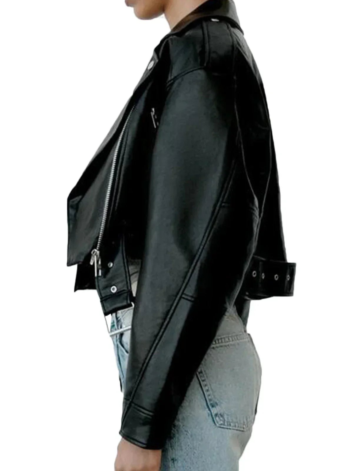 Bikerjacke Damen Kurz | Asymmetrischer Reißverschluss und Brusttaschen - Image 4