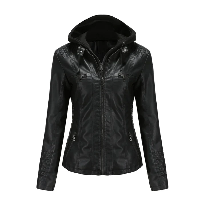 Bikerjacke Damen Mit Kapuze | Langarm und Reißverschluss - Image 2