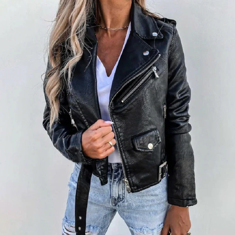 Bikerjacke Damen Mit Reverskragen | Kurzer Schnitt mit Reißverschluss und Taschen