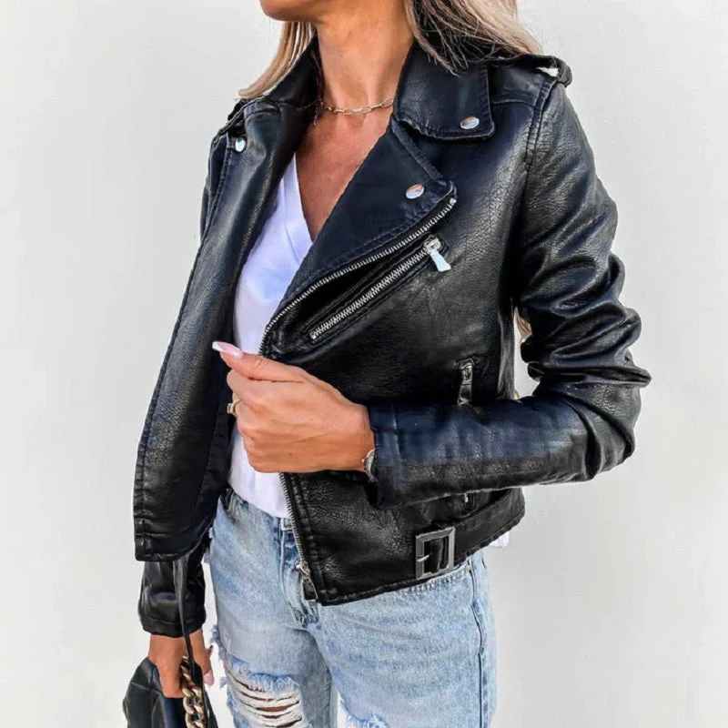 Bikerjacke Damen Mit Reverskragen | Kurzer Schnitt mit Reißverschluss und Taschen - Image 2