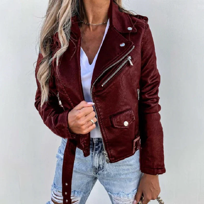 Bikerjacke Damen Mit Reverskragen | Kurzer Schnitt mit Reißverschluss und Taschen - Image 3