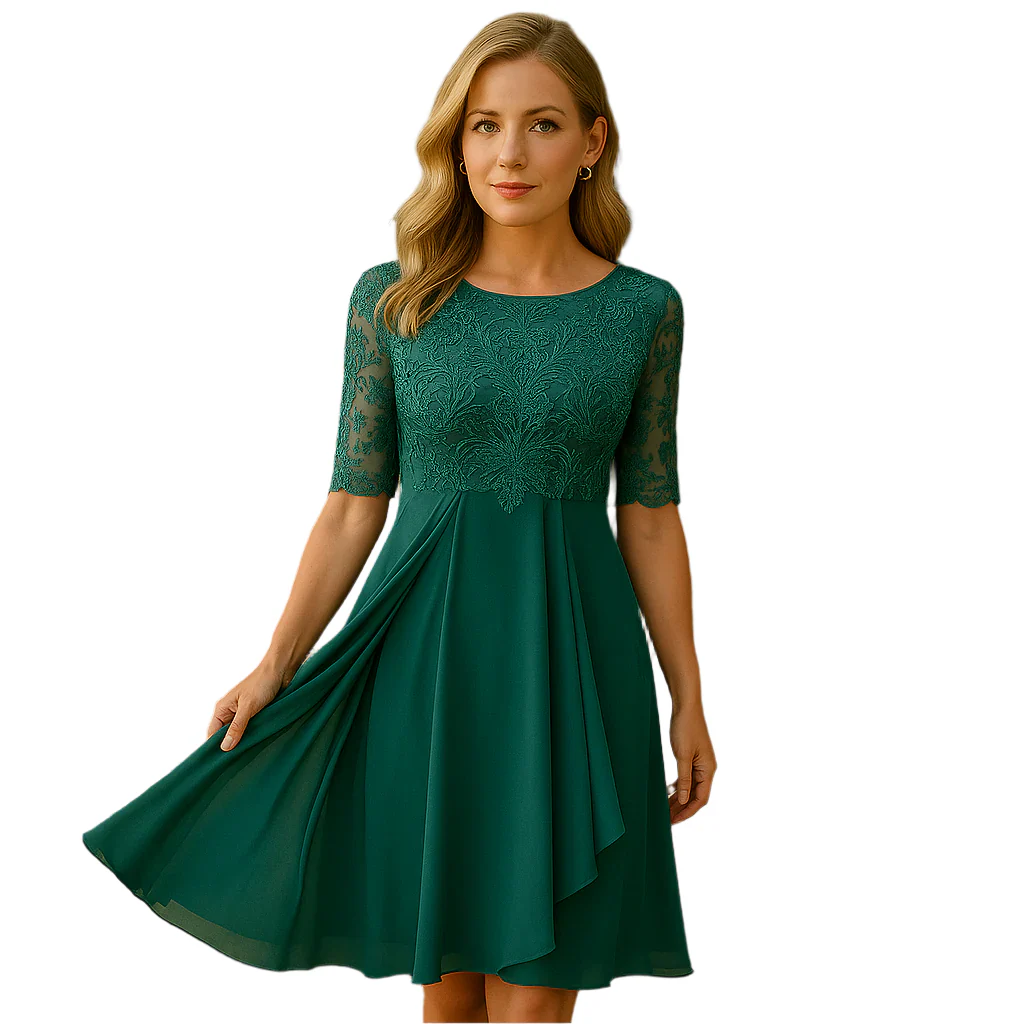 Blonde Abendkleid in Knielänge – kurze Ärmel und elegantes Design