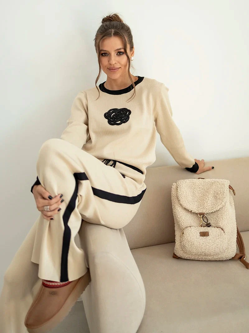 Blumenstrick-Langarm-Pullover und Hosen-Kombi-Set - Image 3