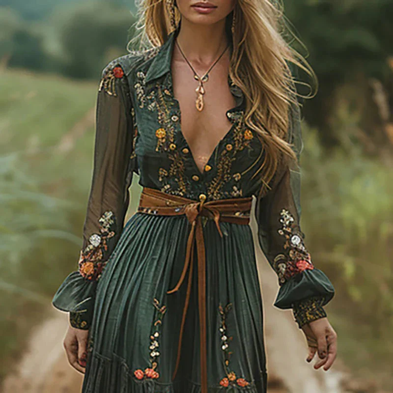 Böhmisches Blumen-Maxikleid für Frauen – Elegantes Sommerkleid mit Plissee-Design