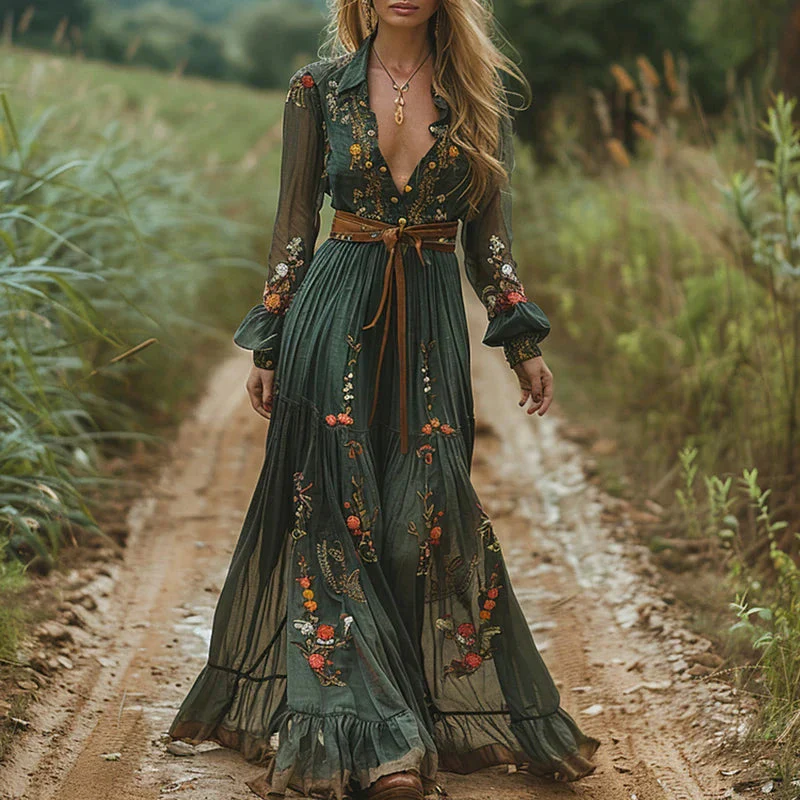 Böhmisches Blumen-Maxikleid für Frauen – Elegantes Sommerkleid mit Plissee-Design - Image 3