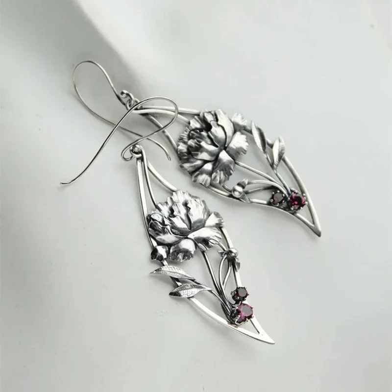 Boho Blumenohrringe mit rotem Zirkonia in Sterling Silber - Image 5