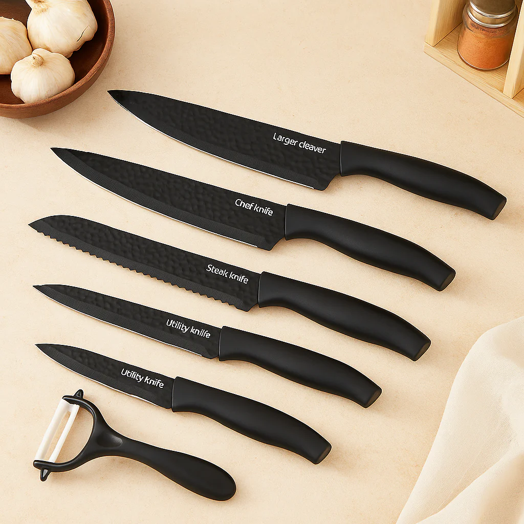 Chefora | 6-teiliges Küchenmesser- und Zubehörset aus Edelstahl – Schwarze Geschenk-Edition - Image 2