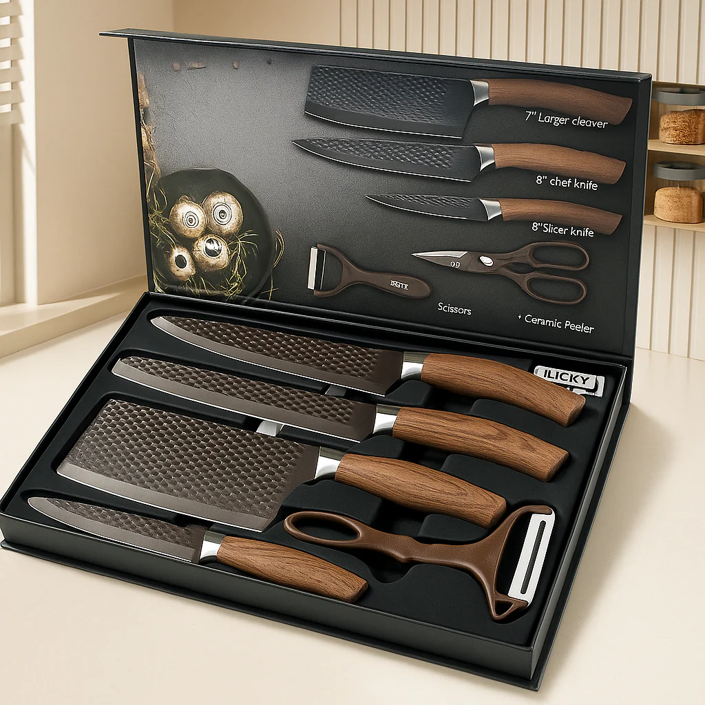 Chefora | 6-teiliges Küchenmesser- und Zubehörset aus Edelstahl – Schwarze Geschenk-Edition - Image 3