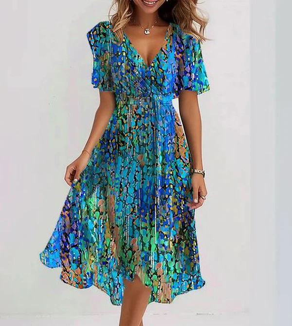 Clara - Blauer Midi-Kleid mit kurzen Ärmeln