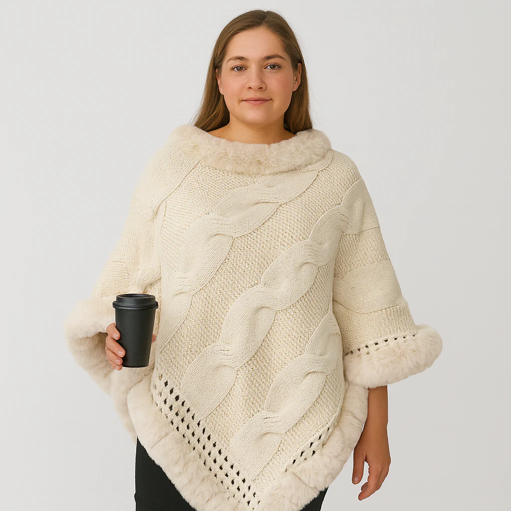 Clarissa | Cape-Pullover mit Zopfmuster und Pelzbesatz - Image 2