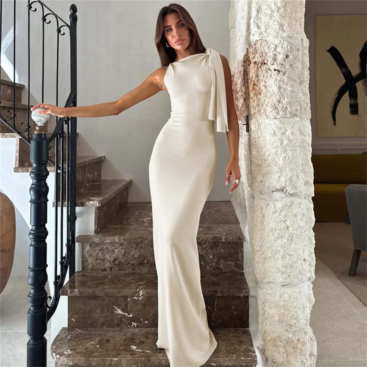 Cristina - Langes Kleid mit Bindeband an der Schulter