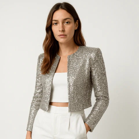 Damen Abendjacke Festlich Pailletten Strukturierter Blazer