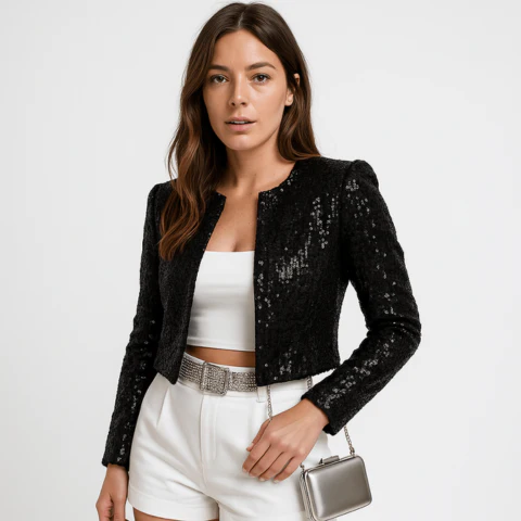 Damen Abendjacke Festlich Pailletten Strukturierter Blazer - Image 2