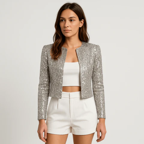 Damen Abendjacke Festlich Pailletten Strukturierter Blazer - Image 6