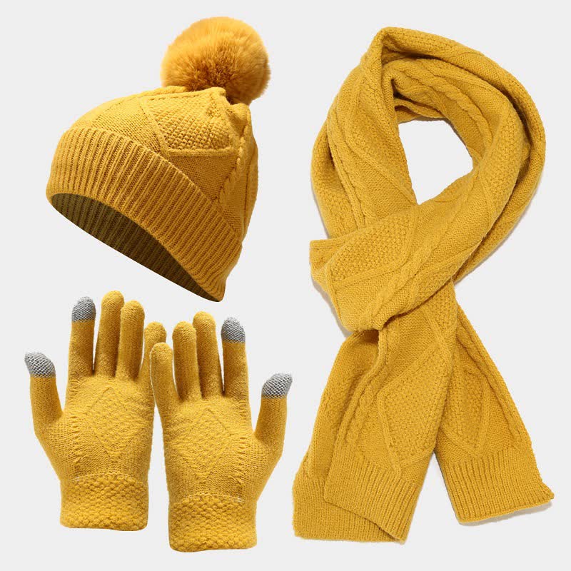 Damen Accessoire-Set Strickmütze Schal Handschuhe Hochwertiger Strickstoff Elegant