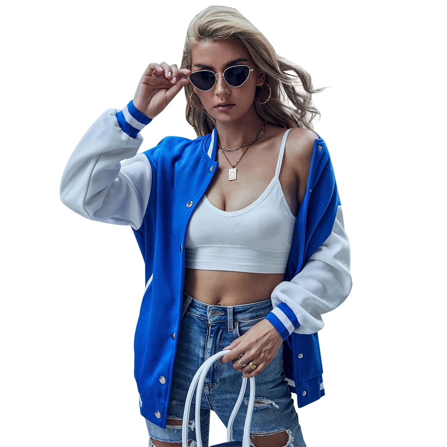 Damen Baseballjacke mit kontrastierenden Ärmeln und Druckknopfverschluss