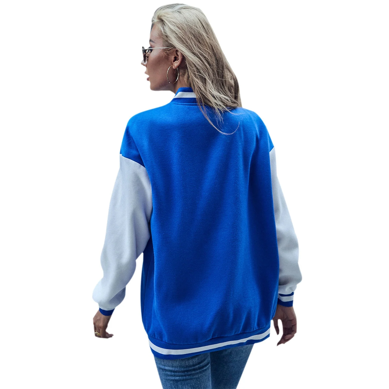 Damen Baseballjacke mit kontrastierenden Ärmeln und Druckknopfverschluss - Image 2