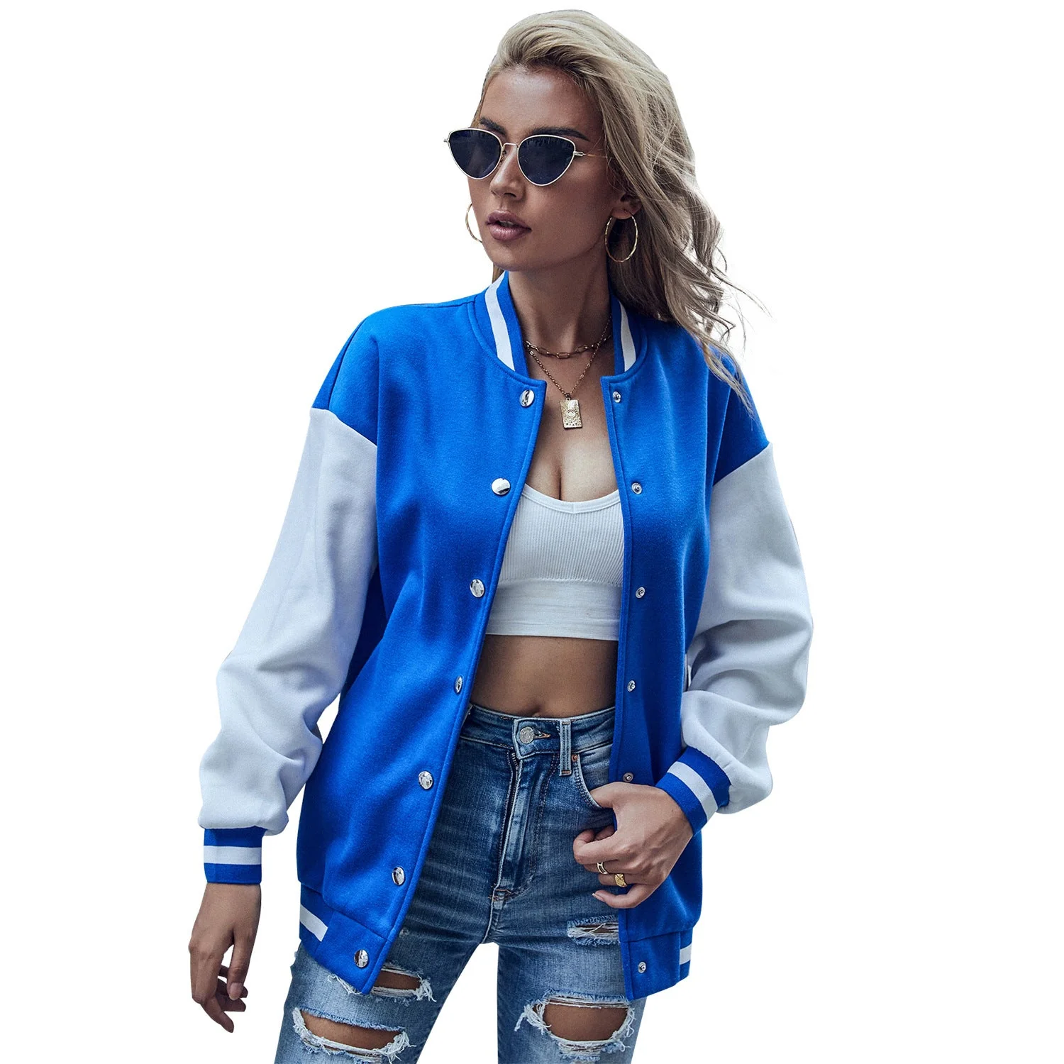 Damen Baseballjacke mit kontrastierenden Ärmeln und Druckknopfverschluss - Image 3