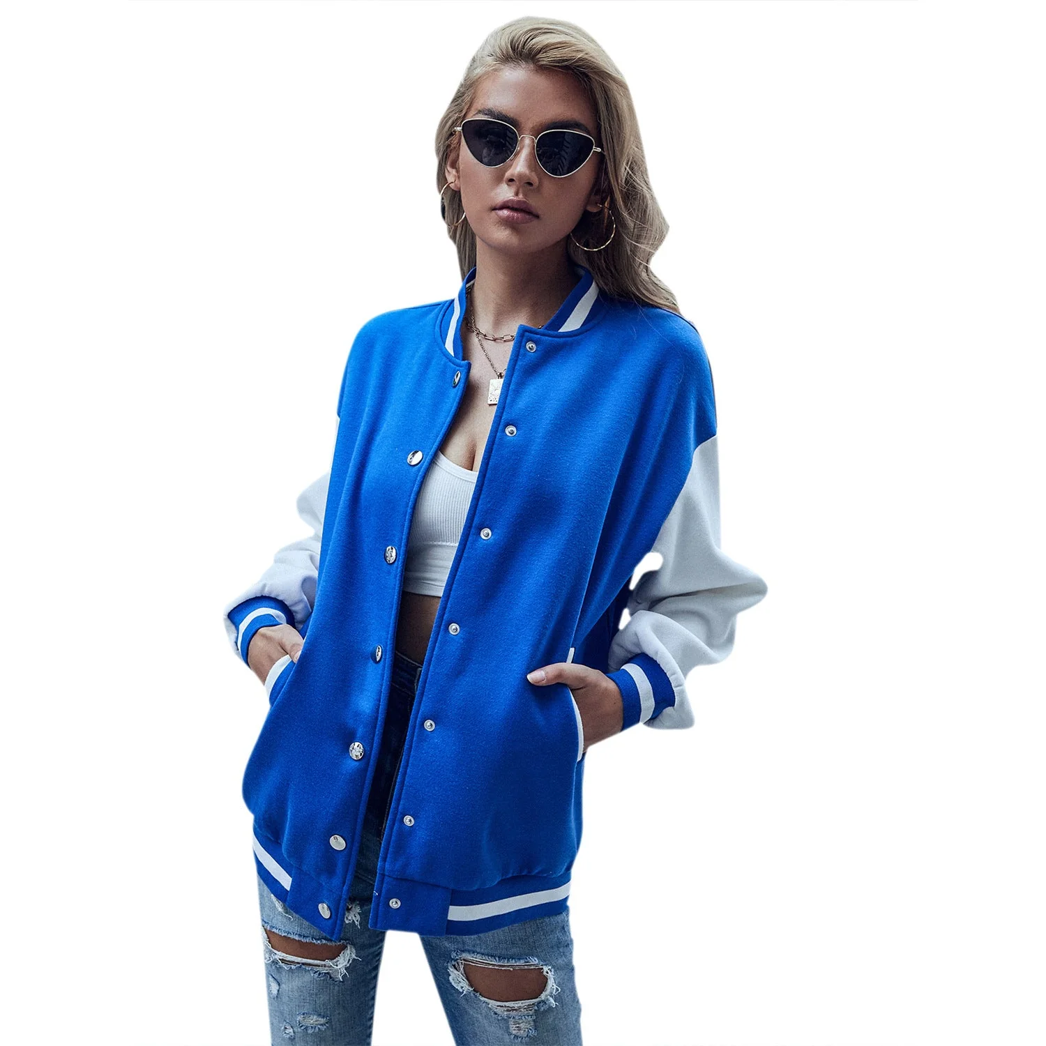 Damen Baseballjacke mit kontrastierenden Ärmeln und Druckknopfverschluss - Image 5
