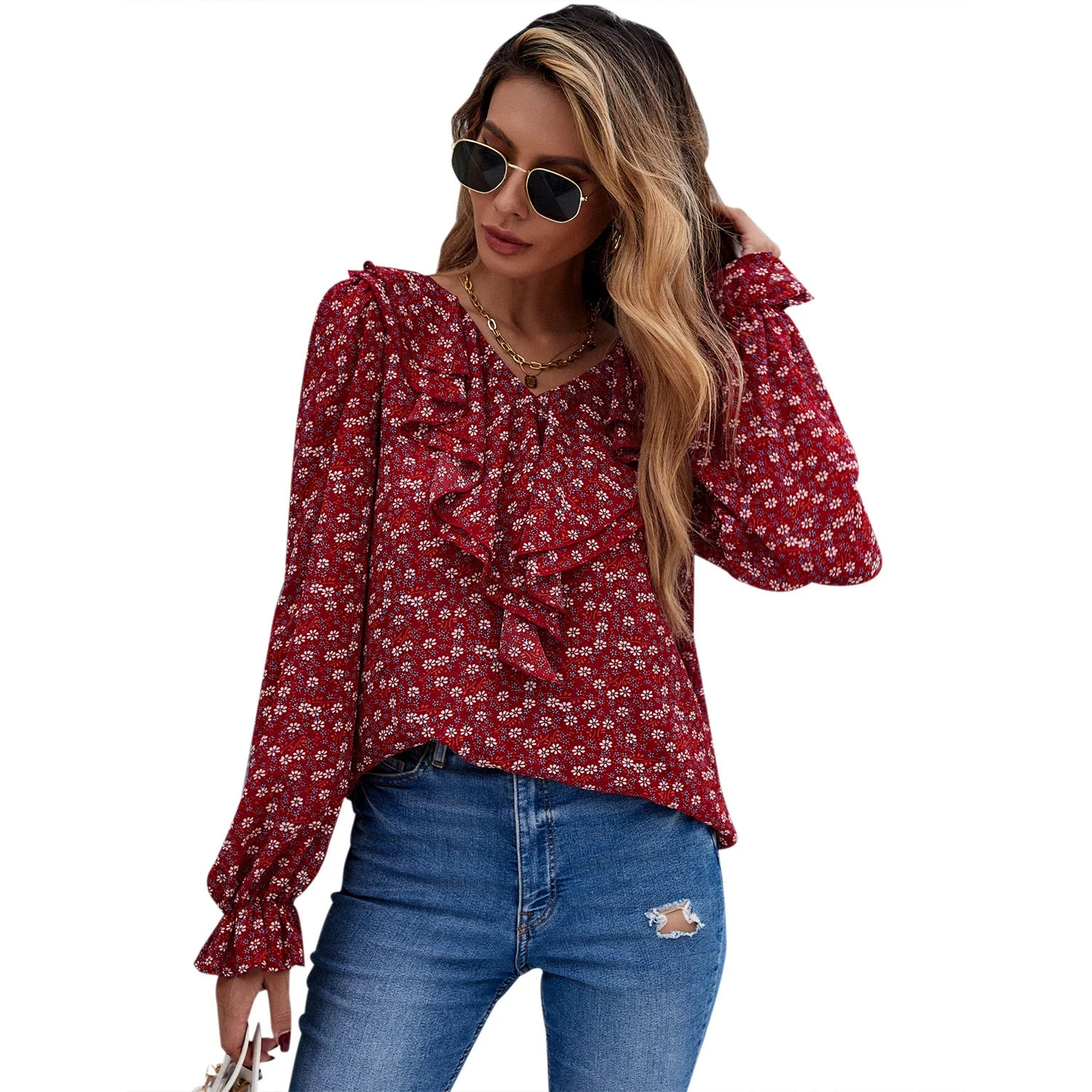 Damen Bluse mit Rüschendetails und floralem Muster - Image 2