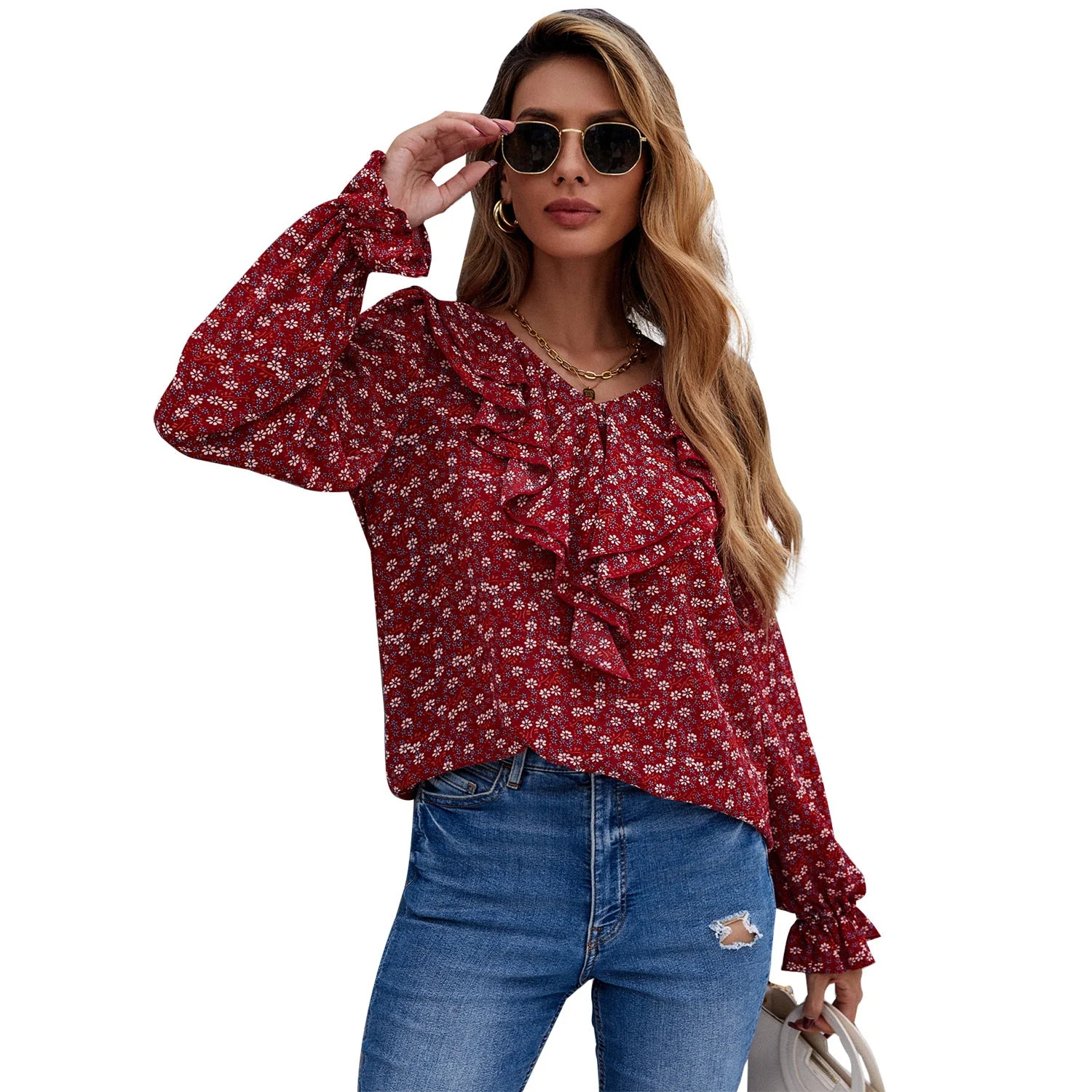 Damen Bluse mit Rüschendetails und floralem Muster - Image 3