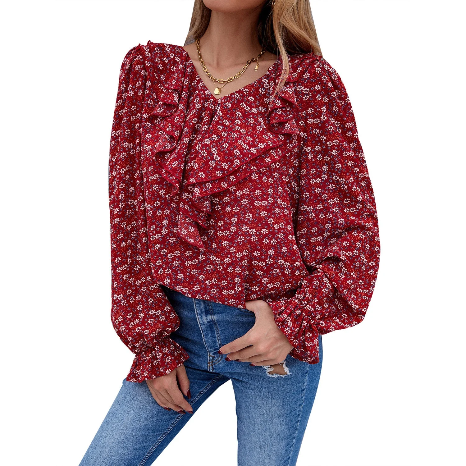Damen Bluse mit Rüschendetails und floralem Muster - Image 4