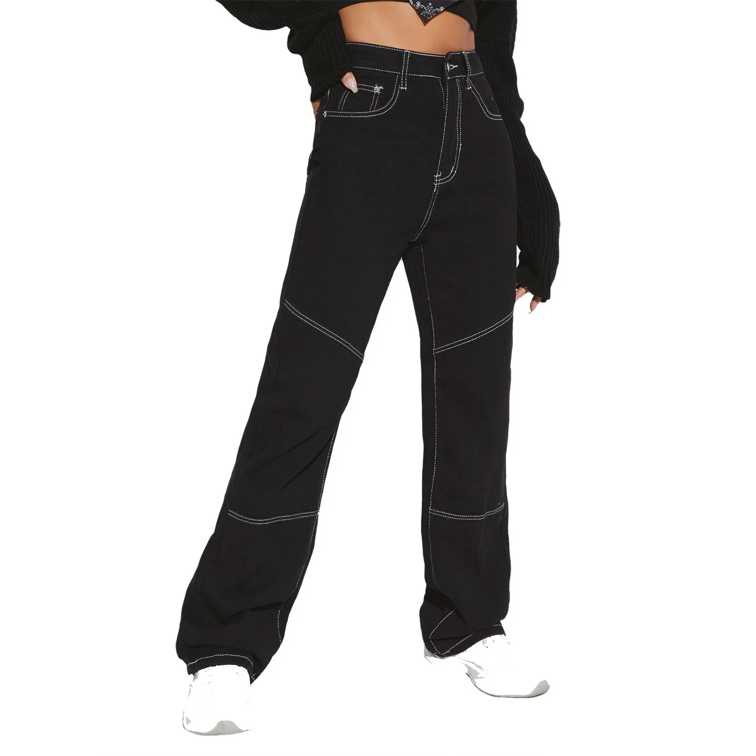 Damen breite High-Waist Jeans mit kontrastierenden Nähten und stilvollem Schnitt - Image 2