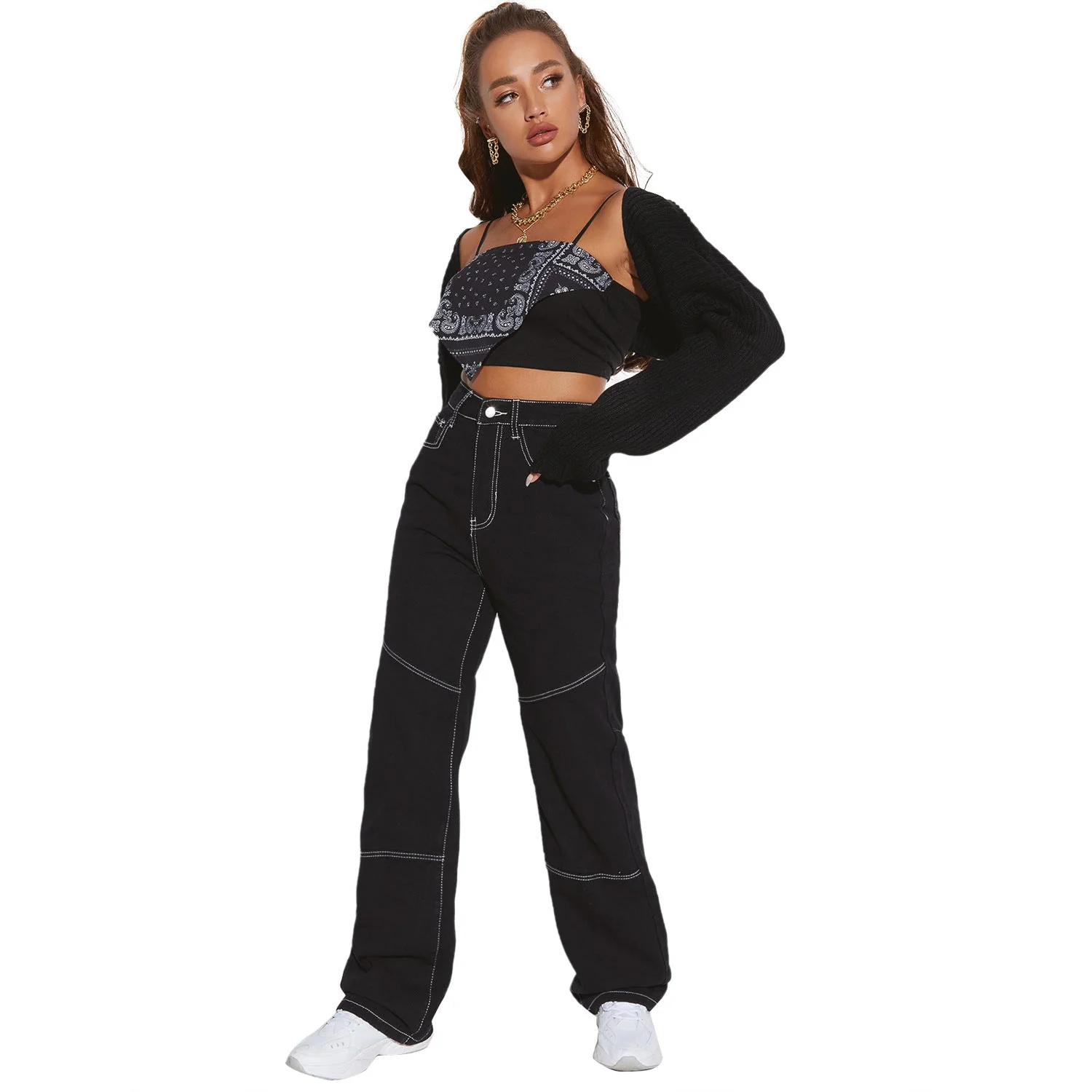 Damen breite High-Waist Jeans mit kontrastierenden Nähten und stilvollem Schnitt - Image 3
