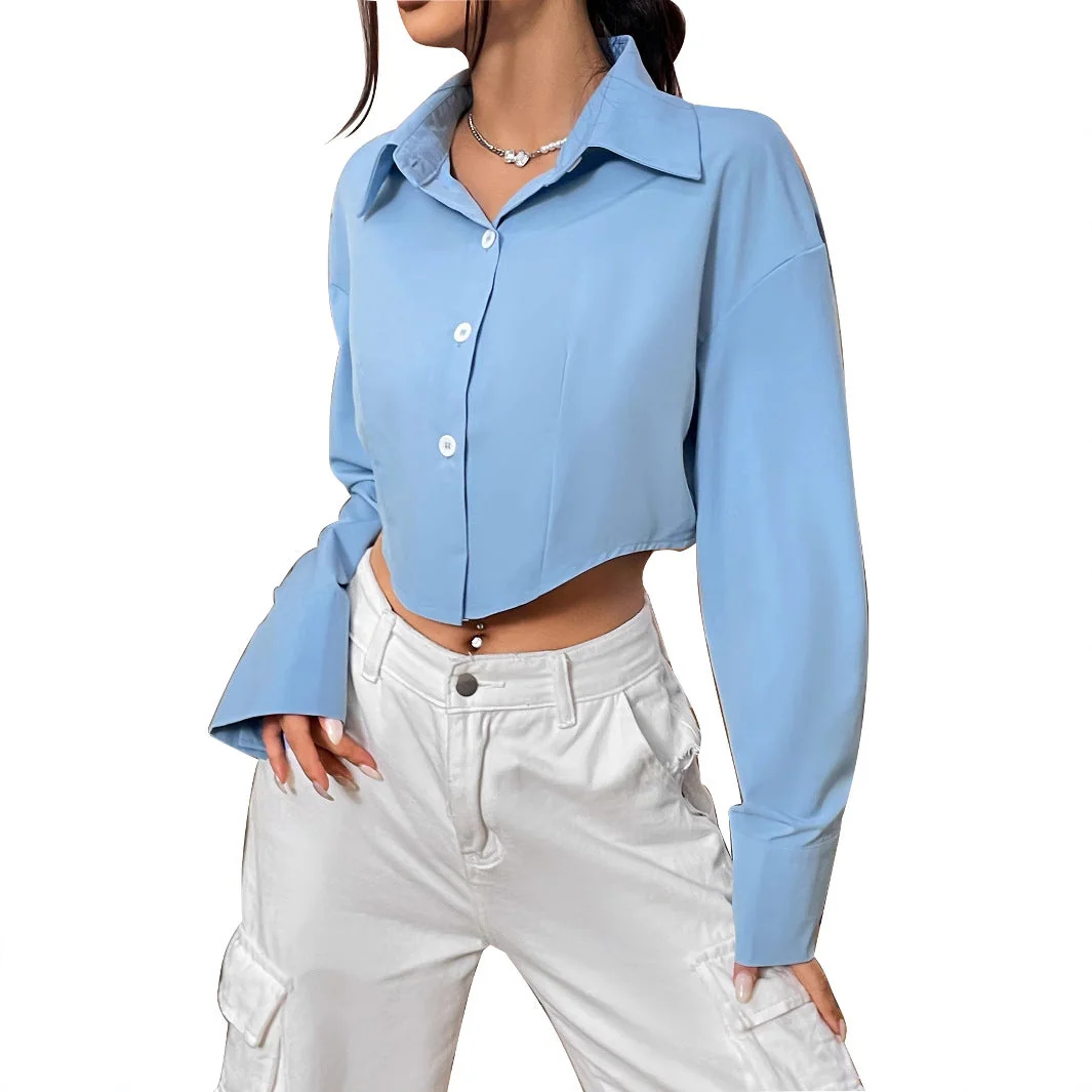 Damen cropped Bluse mit weiten Ärmeln und eleganter Knopfleiste - Image 2