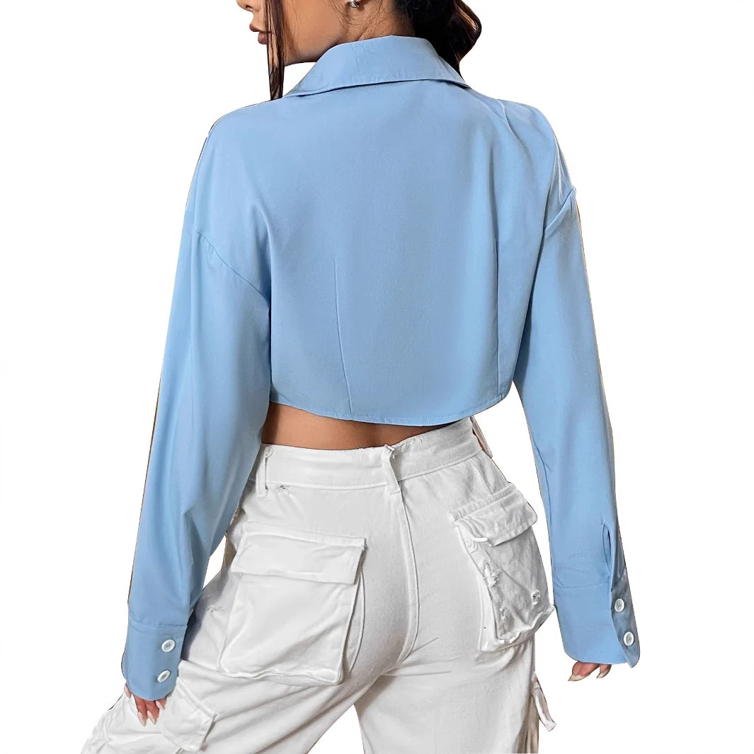 Damen cropped Bluse mit weiten Ärmeln und eleganter Knopfleiste - Image 3