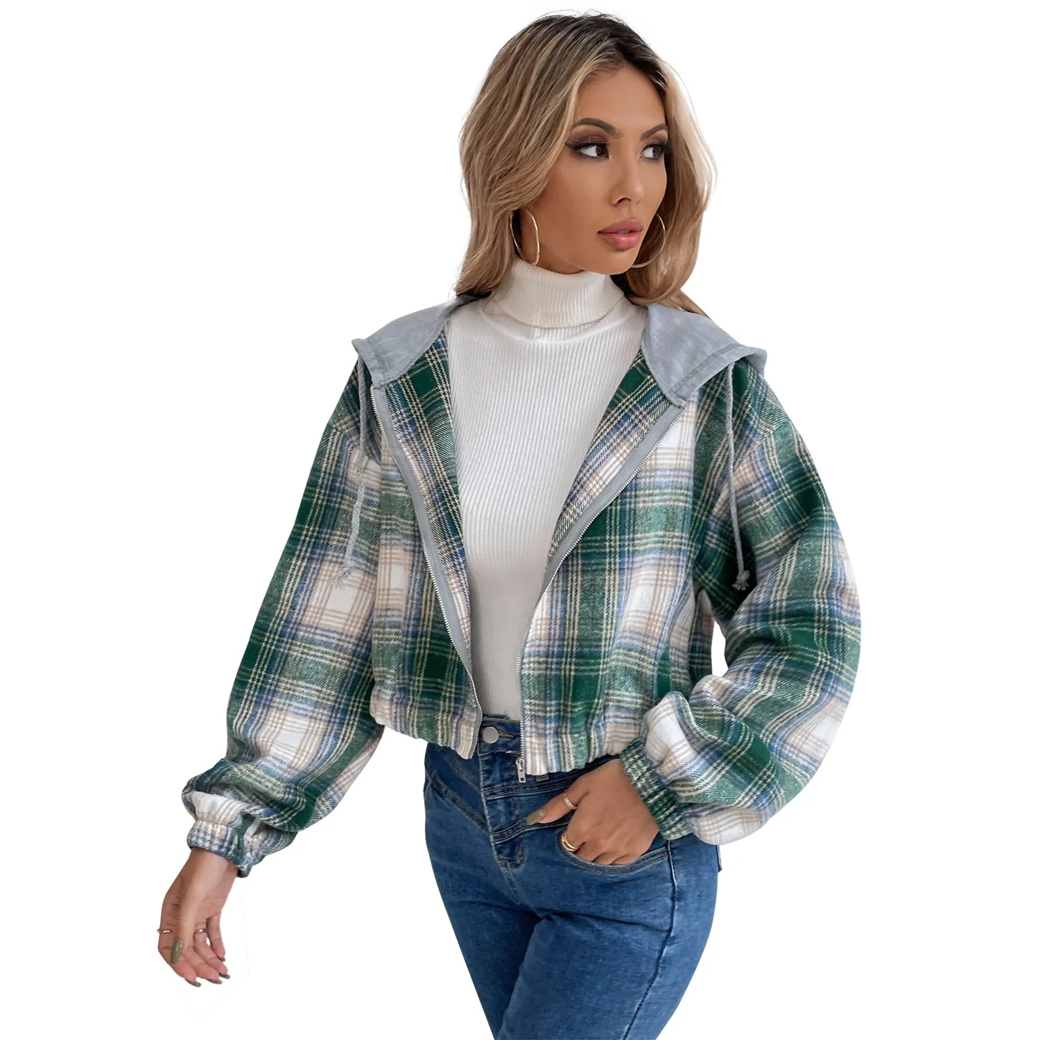 Damen cropped Flanelljacke mit Kapuze und modernem Karomuster - Image 2