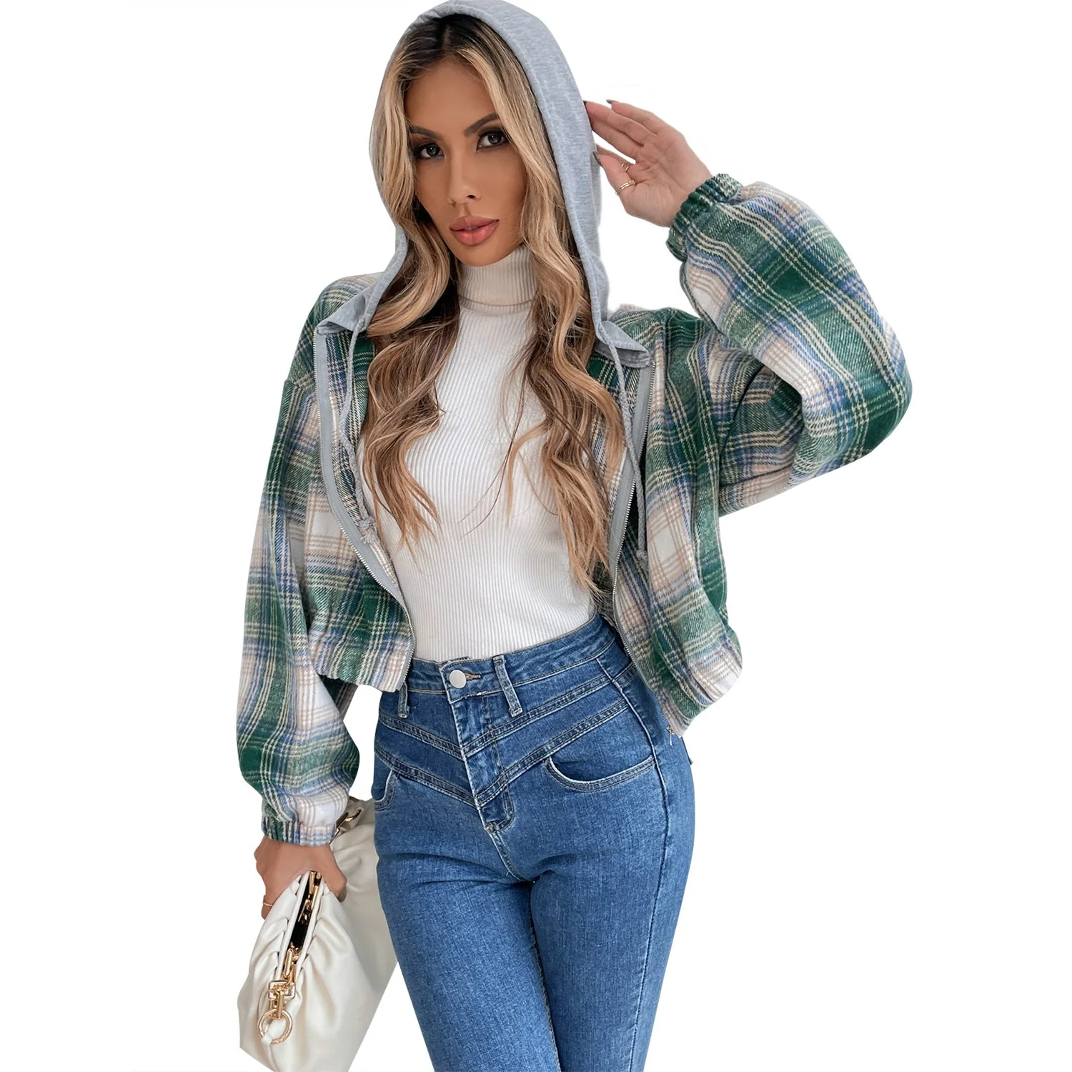 Damen cropped Flanelljacke mit Kapuze und modernem Karomuster - Image 3