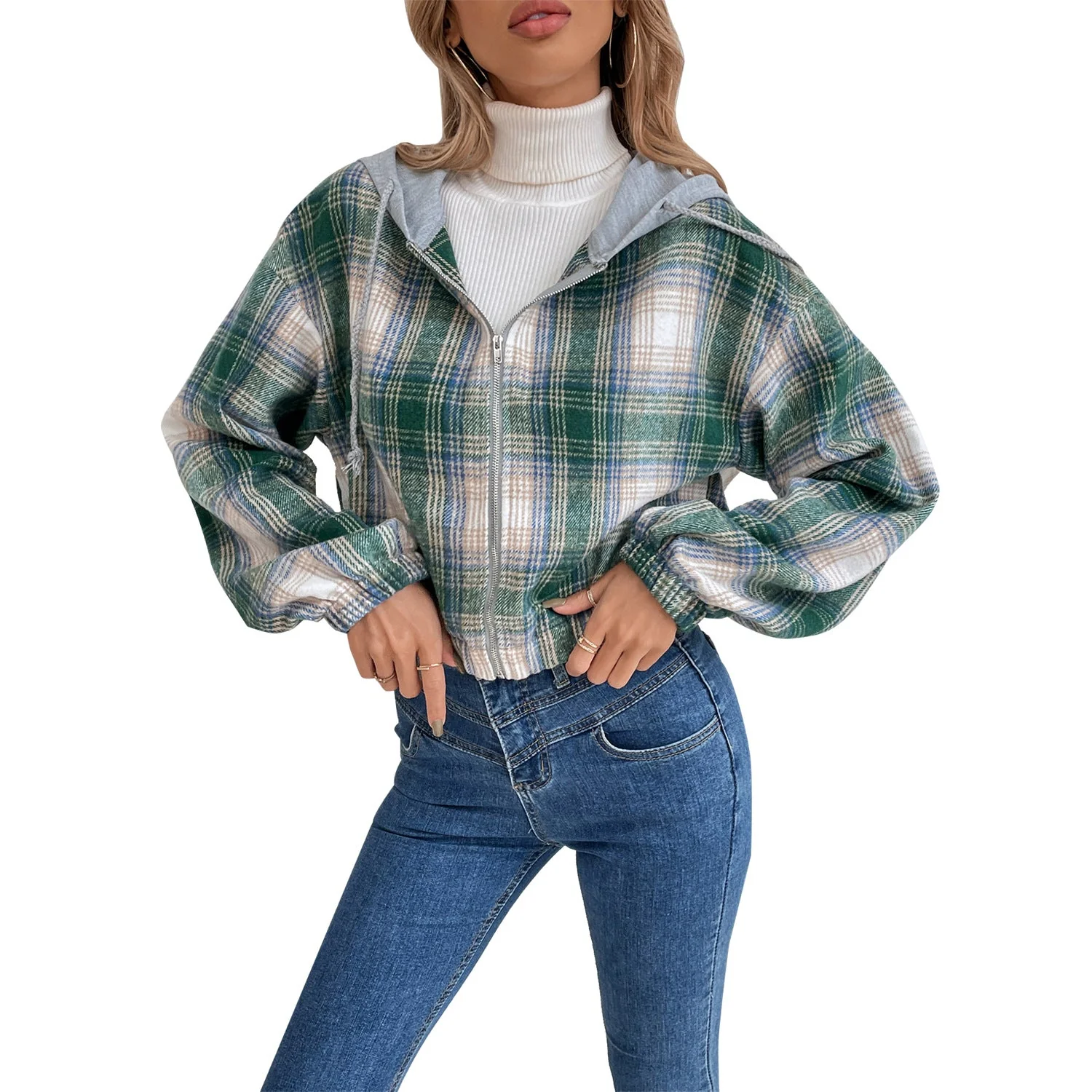 Damen cropped Flanelljacke mit Kapuze und modernem Karomuster - Image 4