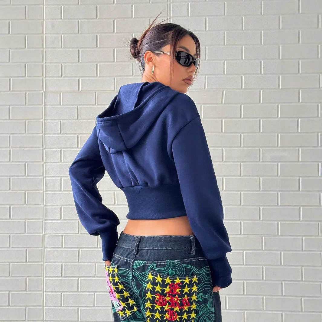 Damen cropped Kapuzenpullover mit Reißverschluss und breiten Ärmeln