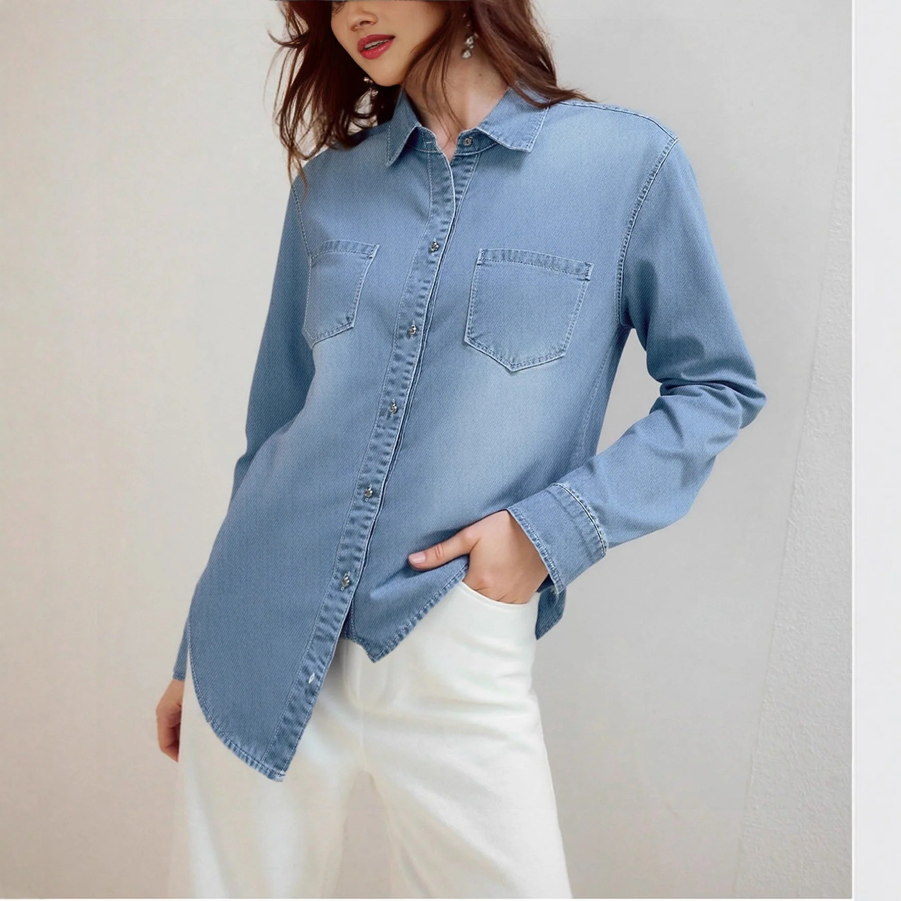 Damen Denim Hemd mit modernen Brusttaschen und elegante Knopfleiste - Image 2