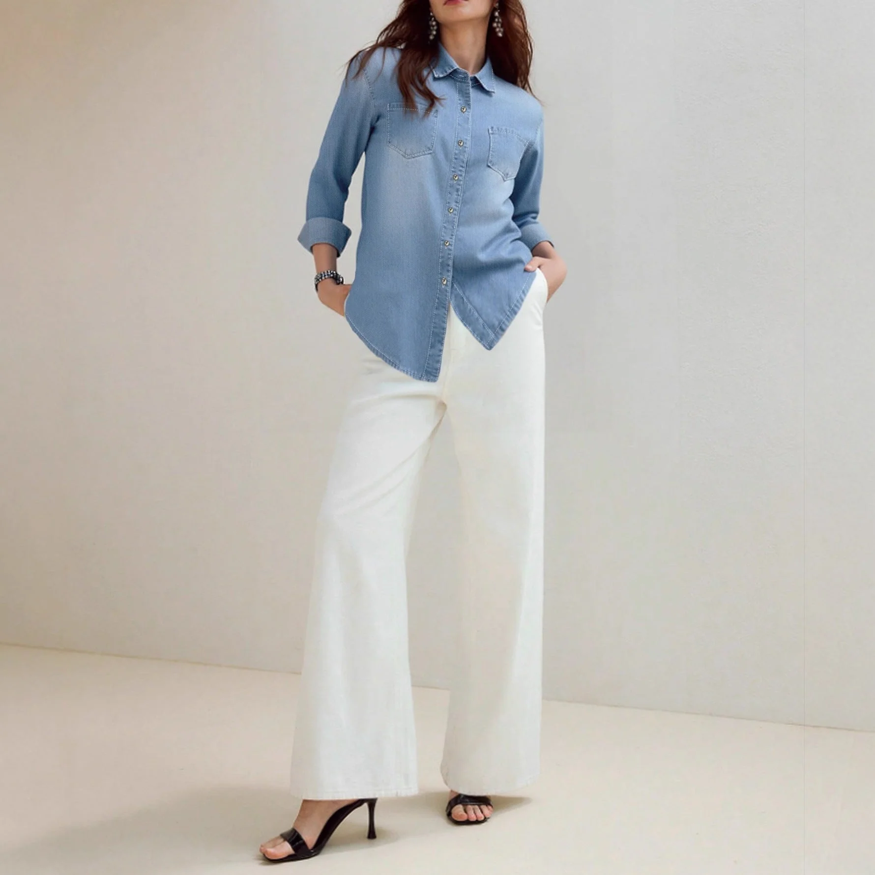 Damen Denim Hemd mit modernen Brusttaschen und elegante Knopfleiste - Image 3