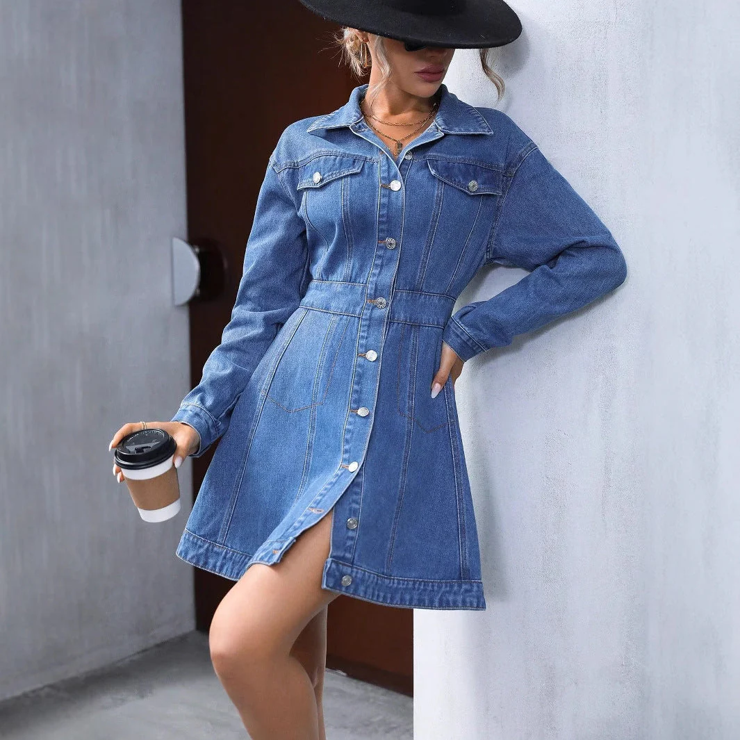 Damen Denim Hemdkleid im A-Linien-Schnitt mit Knopfdetails und schwingendem Rock
