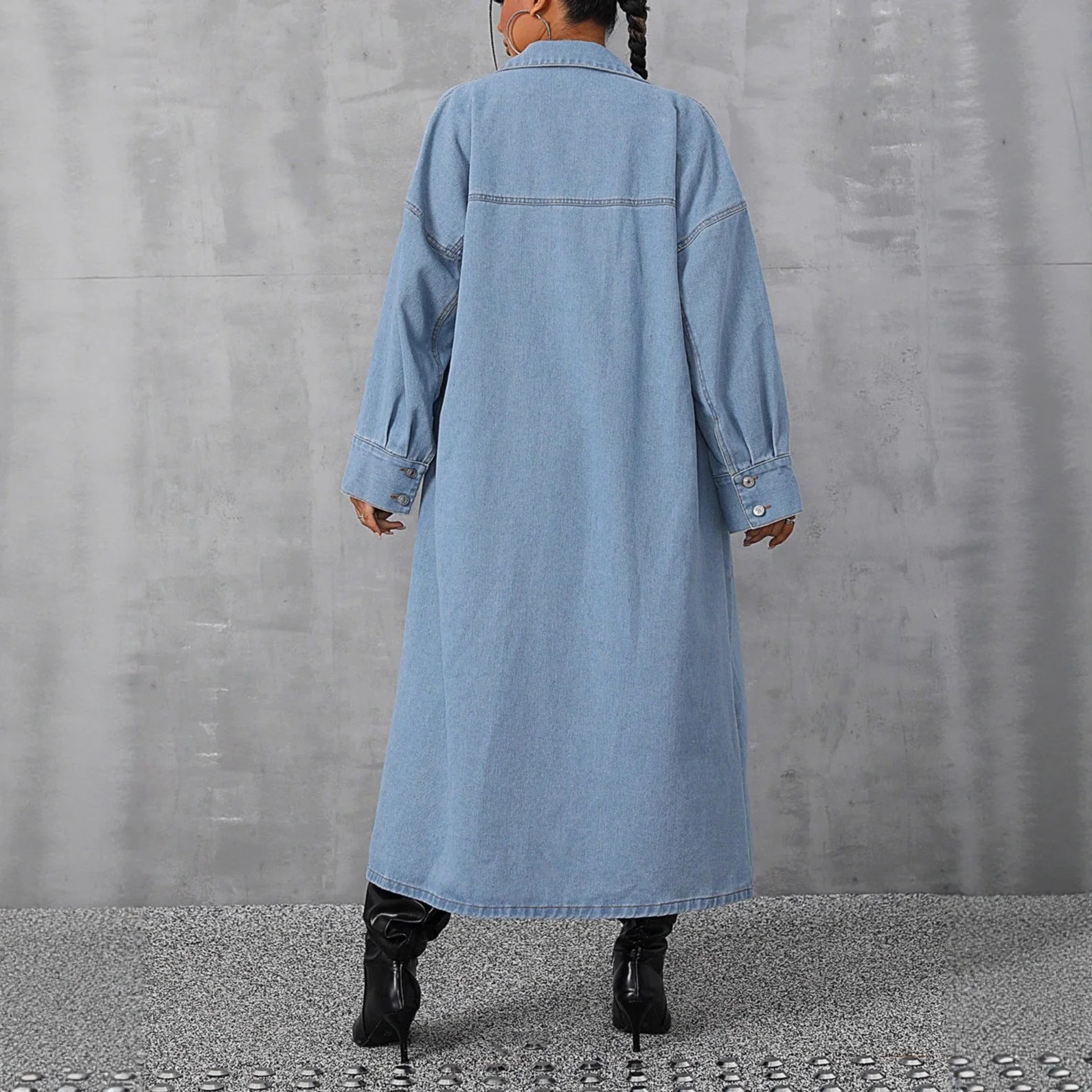 Damen Denim-Maxi-Jacke im lässigen Oversized-Schnitt mit bequemen Druckknöpfen und praktischen Taschen - Image 3