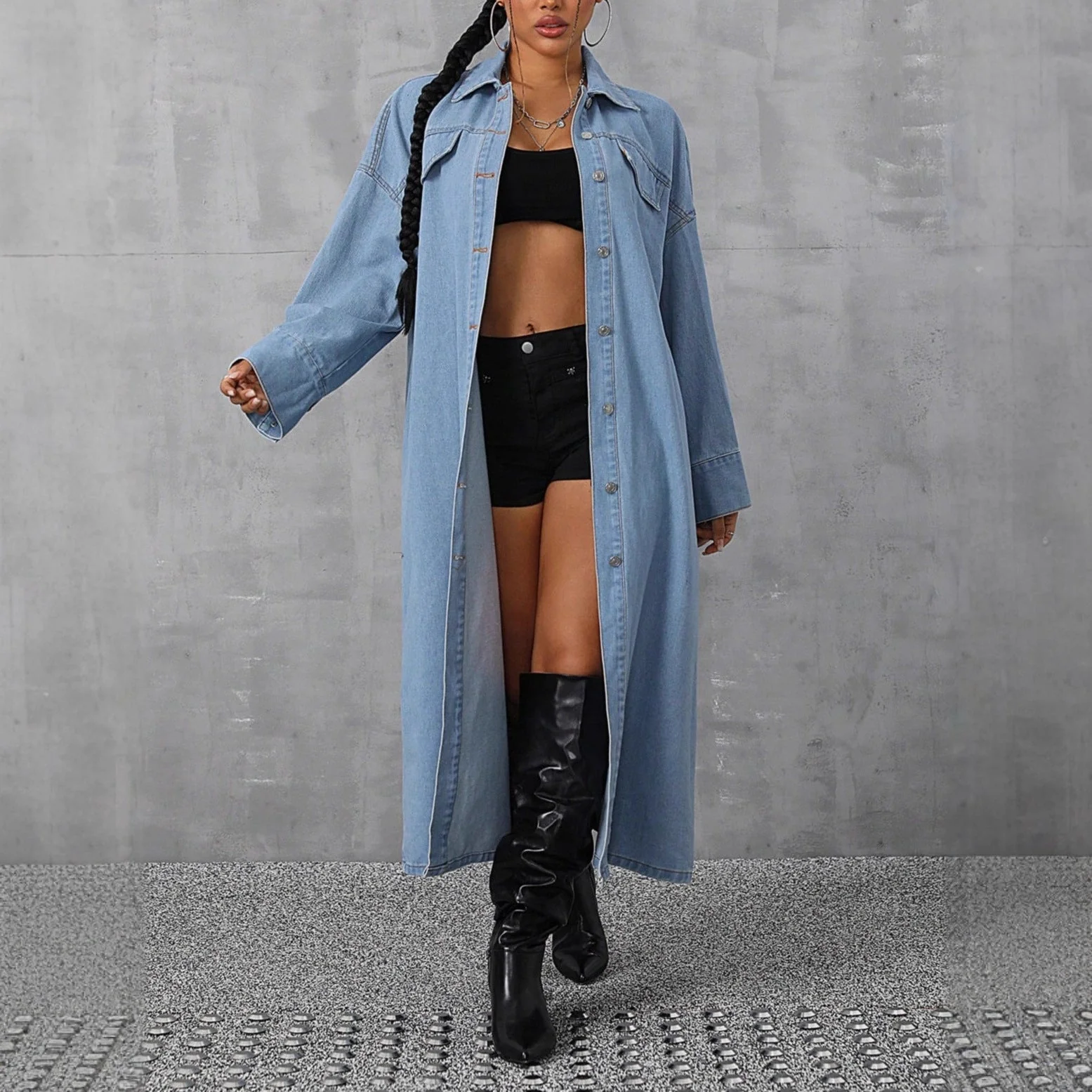 Damen Denim-Maxi-Jacke im lässigen Oversized-Schnitt mit bequemen Druckknöpfen und praktischen Taschen - Image 4